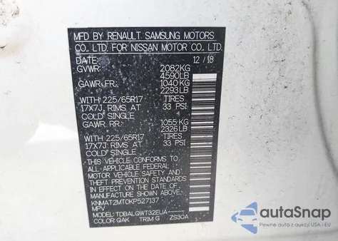 2019 Nissan Rogue Sv z USA, uszkodzony, nr VIN KNMAT2MT0KP527137